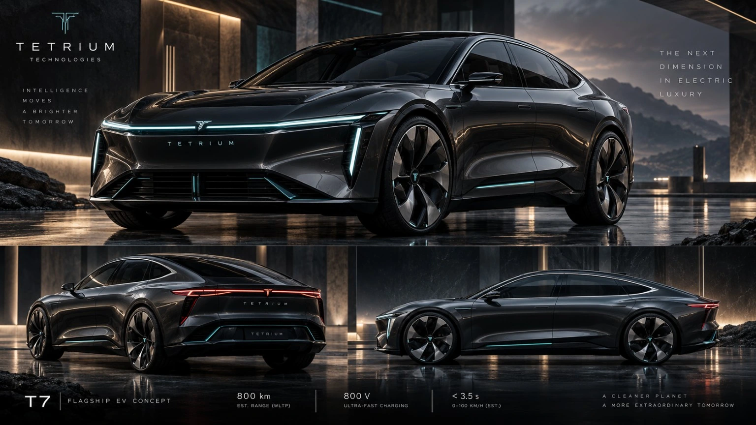 TETRIUM T7 flagship electric fastback concept, front three-quarter view